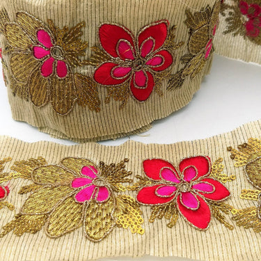 Beige Silk Fabric Trim, Red, Pink & Gold Floral Embroidery Indian Sari Border Trim By Yard Decorative Trim Craft Lace